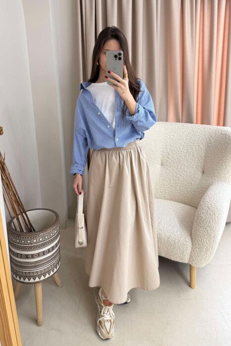 ONE COLOR ELASTIC WAIST LONG WOMEN SKIRT BEIGE/BEZHE - 7