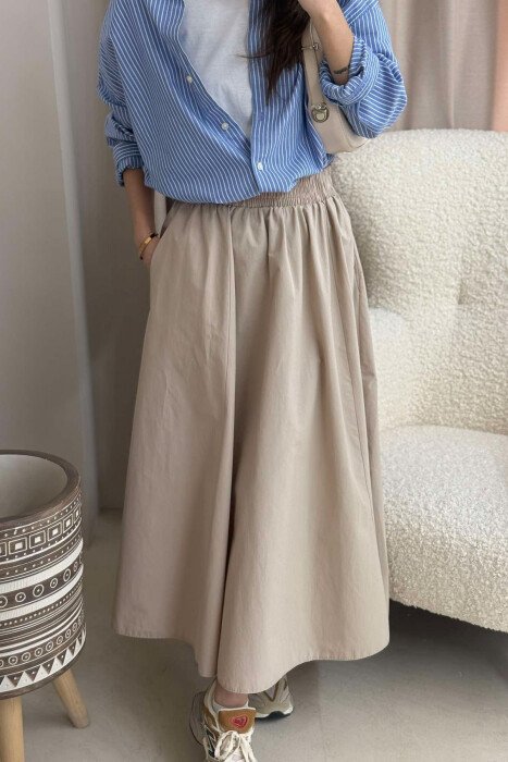 ONE COLOR ELASTIC WAIST LONG WOMEN SKIRT BEIGE/BEZHE - KLAUDIO FASHION