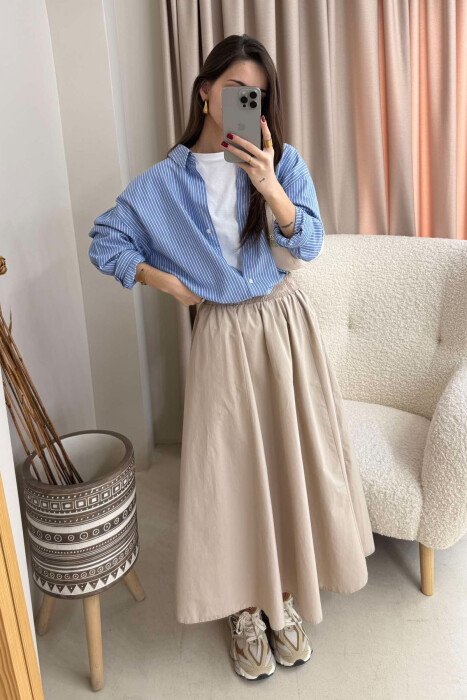 ONE COLOR ELASTIC WAIST LONG WOMEN SKIRT BEIGE/BEZHE - 4