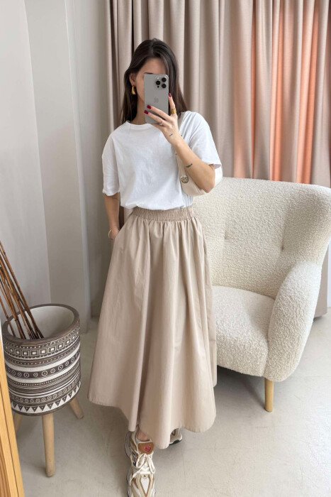 ONE COLOR ELASTIC WAIST LONG WOMEN SKIRT BEIGE/BEZHE - 5
