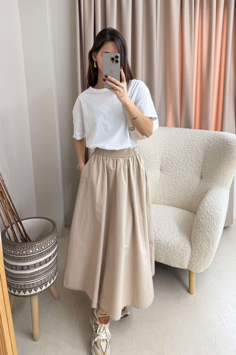 ONE COLOR ELASTIC WAIST LONG WOMEN SKIRT BEIGE/BEZHE - 5