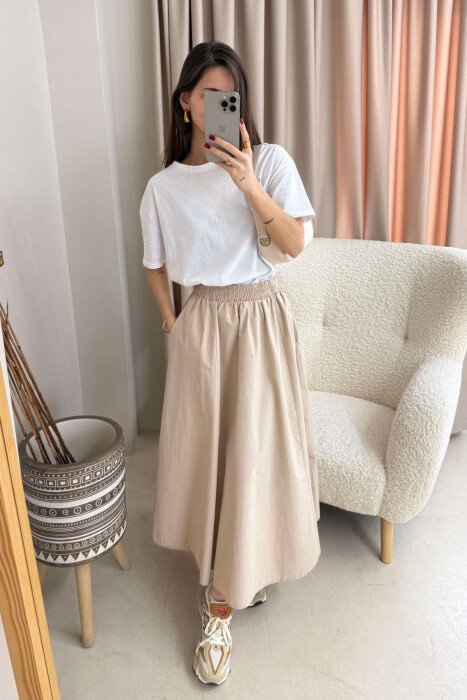 ONE COLOR ELASTIC WAIST LONG WOMEN SKIRT BEIGE/BEZHE - 6
