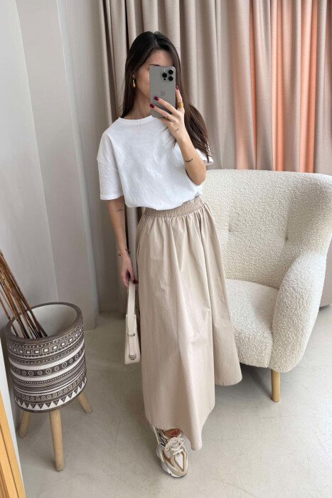ONE COLOR ELASTIC WAIST LONG WOMEN SKIRT BEIGE/BEZHE - 8
