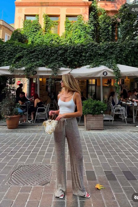ELASTIC WAIST ONE COLOR BEACH WOMEN TROUSERS GREY/GRI - KLAUDIO FASHION