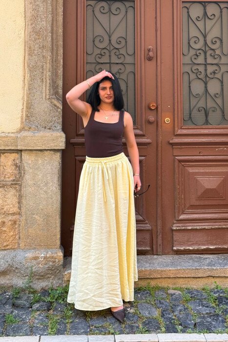 ELASTIC WAIST ONE COLOR WOMAN SKIRT YELLOW/E VERDHE - KLAUDIO FASHION