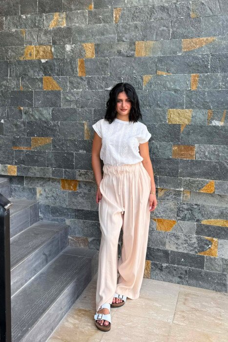 ELASTIC WAIST ONE COLOR WOMAN TROUSERS BEIGE/BEZHE 