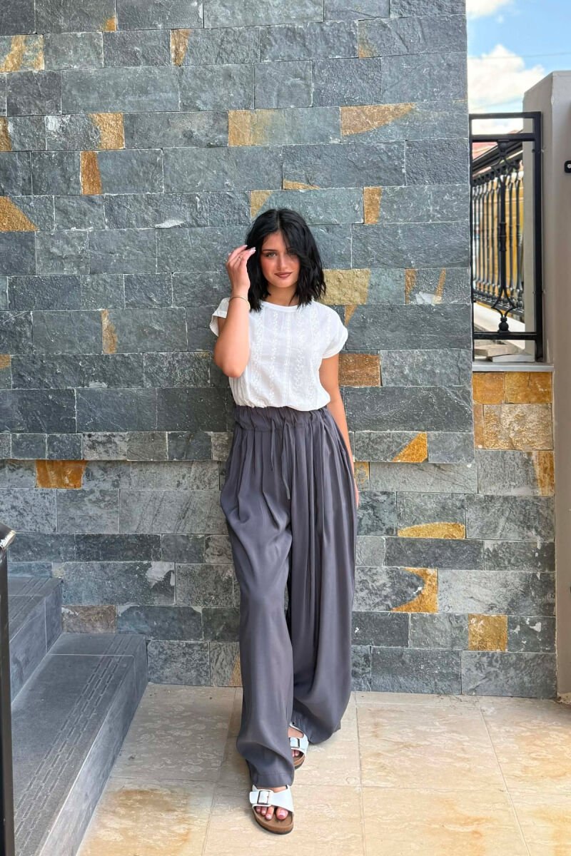 ELASTIC WAIST ONE COLOR WOMAN TROUSERS GREY/GRI - 1