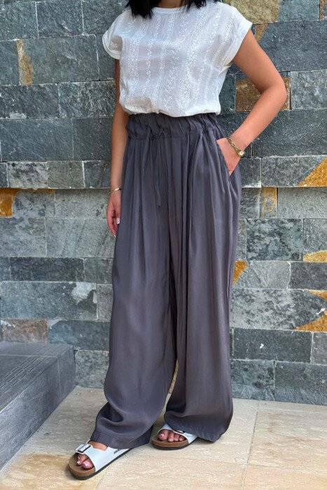 ELASTIC WAIST ONE COLOR WOMAN TROUSERS GREY/GRI - 5