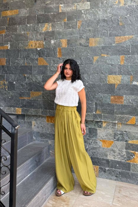 ELASTIC WAIST ONE COLOR WOMAN TROUSERS LIGHT GREEN/JEZB - 4
