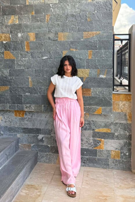 ELASTIC WAIST ONE COLOR WOMAN TROUSERS PINK/ROZE - 1