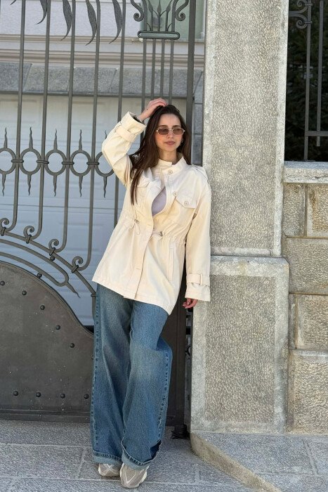 ELASTIC WAIST ONE COLOR WOMEN JACKET CREAM/KREM - 2