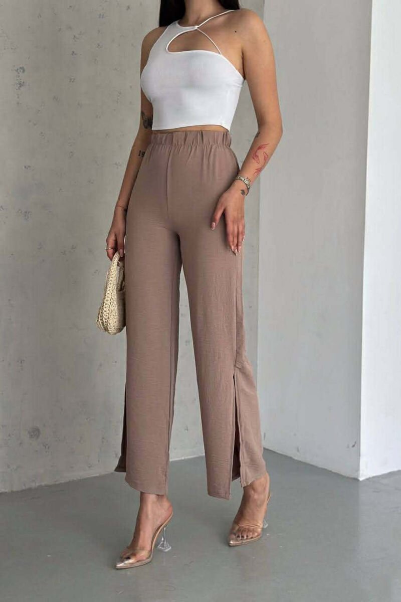 ELASTIC WAIST ONE COLOR WOMEN TROUSERS BEIGE/BEZHE - 1