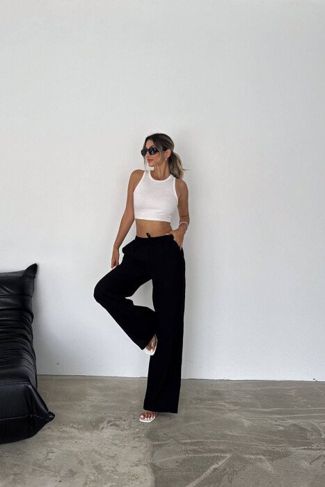 ELASTIC WAIST ONE COLOR WOMEN TROUSERS BLACK/ E ZEZE - 1