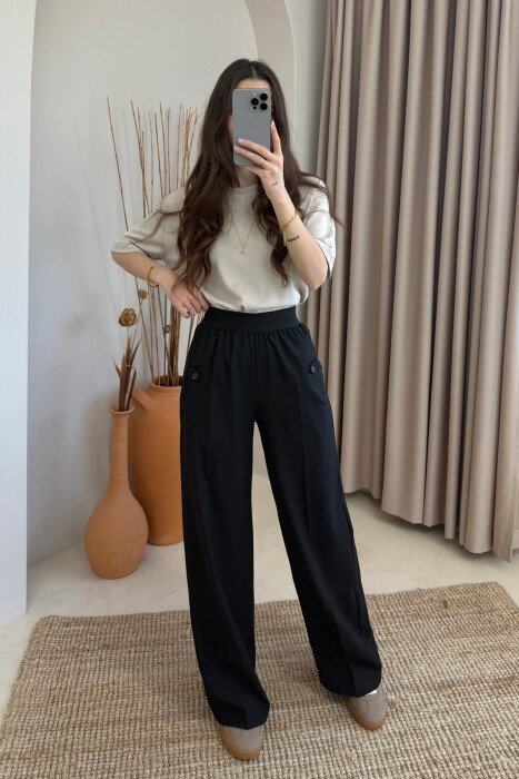 ELASTIC WAIST ONE COLOR WOMEN TROUSERS BLACK/ E ZEZE - 1