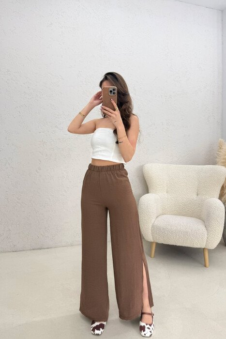 ELASTIC WAIST ONE COLOR WOMEN TROUSERS BROWN/KAFE - 2