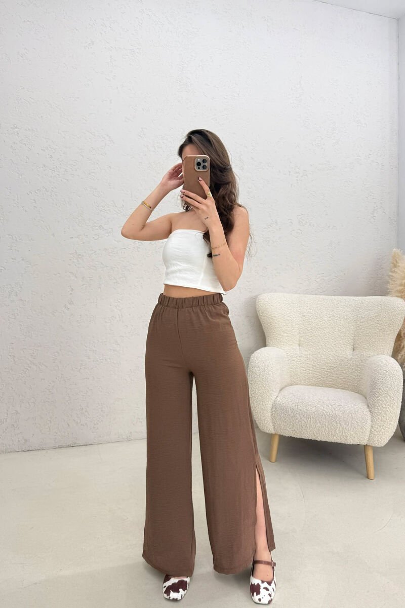 ELASTIC WAIST ONE COLOR WOMEN TROUSERS BROWN/KAFE - 2