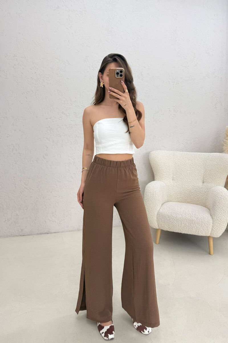 ELASTIC WAIST ONE COLOR WOMEN TROUSERS BROWN/KAFE - 3