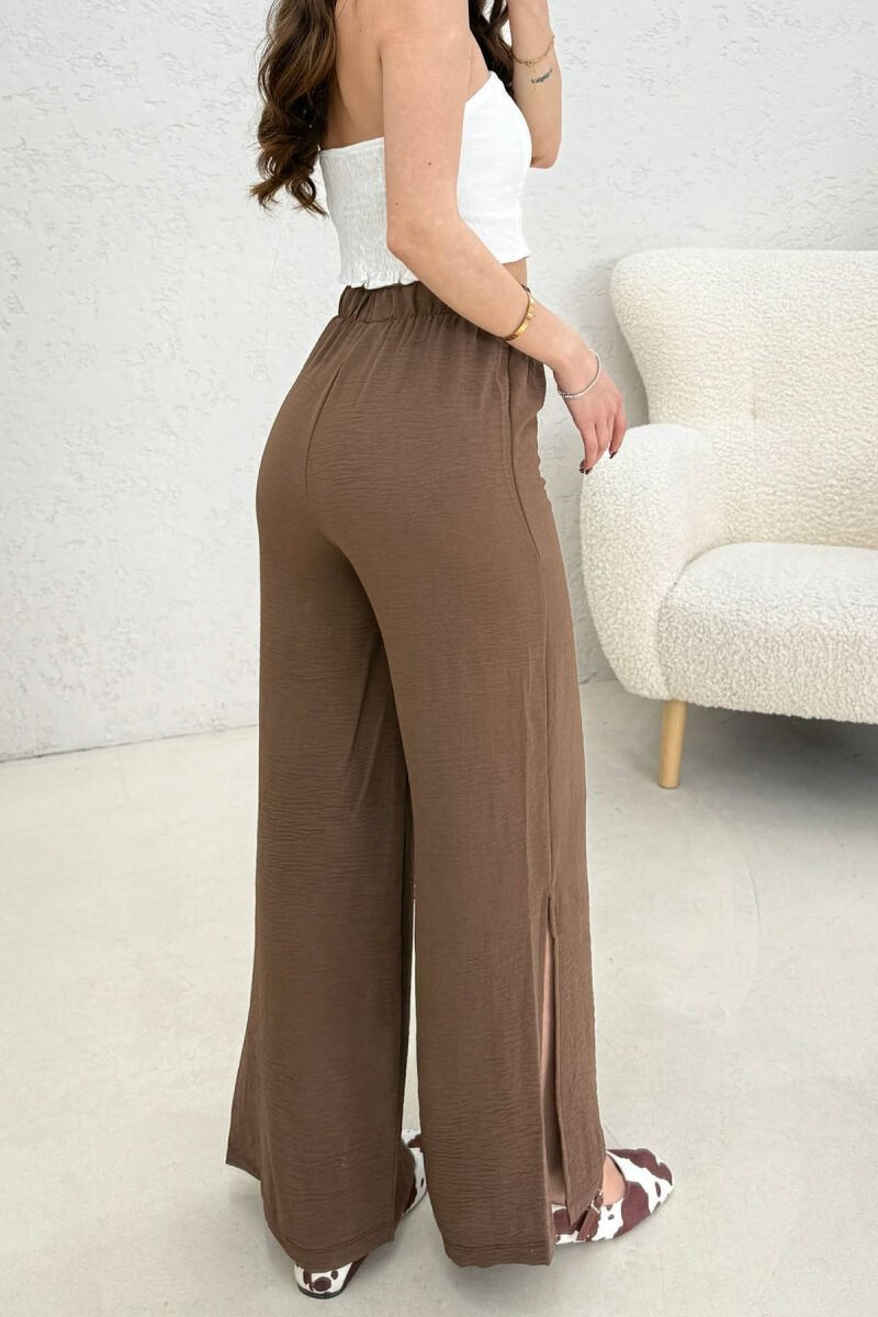 ELASTIC WAIST ONE COLOR WOMEN TROUSERS BROWN/KAFE - 4