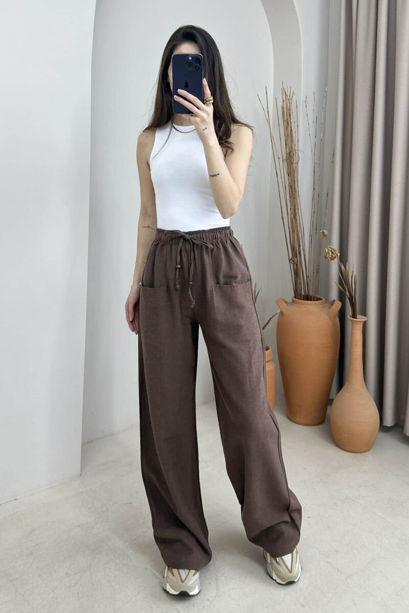 ELASTIC WAIST ONE COLOR WOMEN TROUSERS BROWN/KAFE - 1