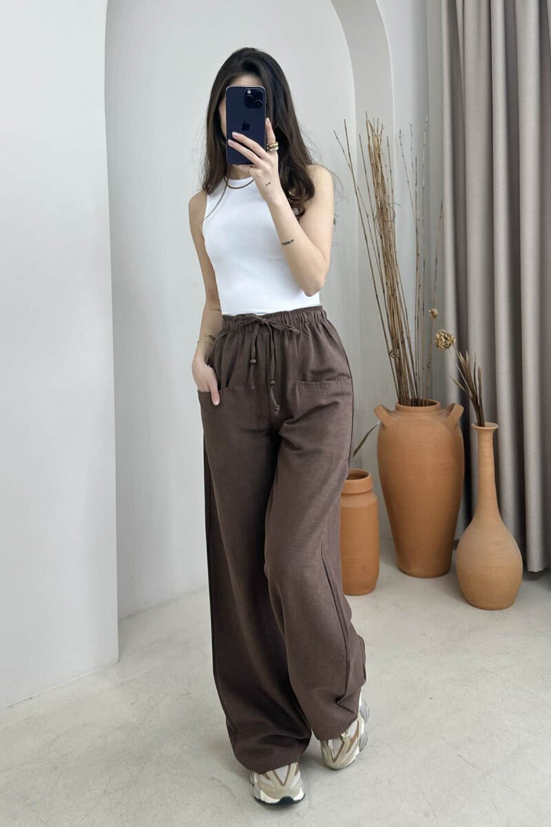 ELASTIC WAIST ONE COLOR WOMEN TROUSERS BROWN/KAFE - 2