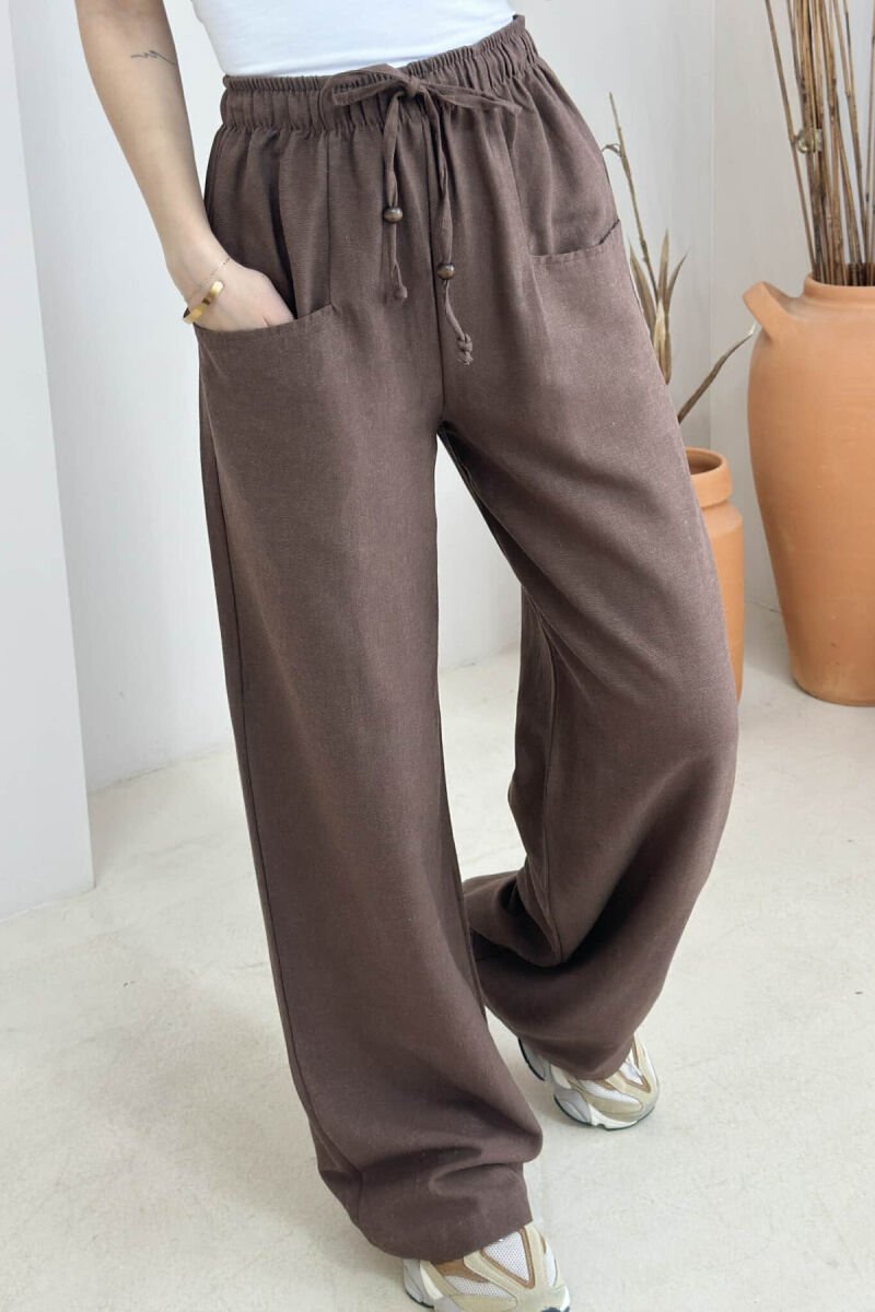 ELASTIC WAIST ONE COLOR WOMEN TROUSERS BROWN/KAFE - 4