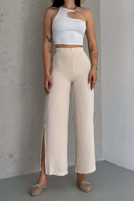 ELASTIC WAIST ONE COLOR WOMEN TROUSERS CREAM/KREM - 