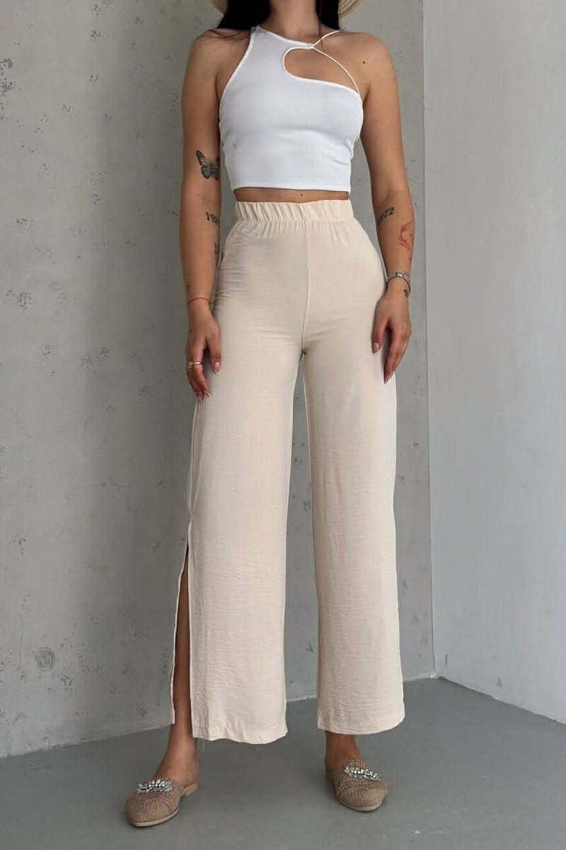 ELASTIC WAIST ONE COLOR WOMEN TROUSERS CREAM/KREM - 1