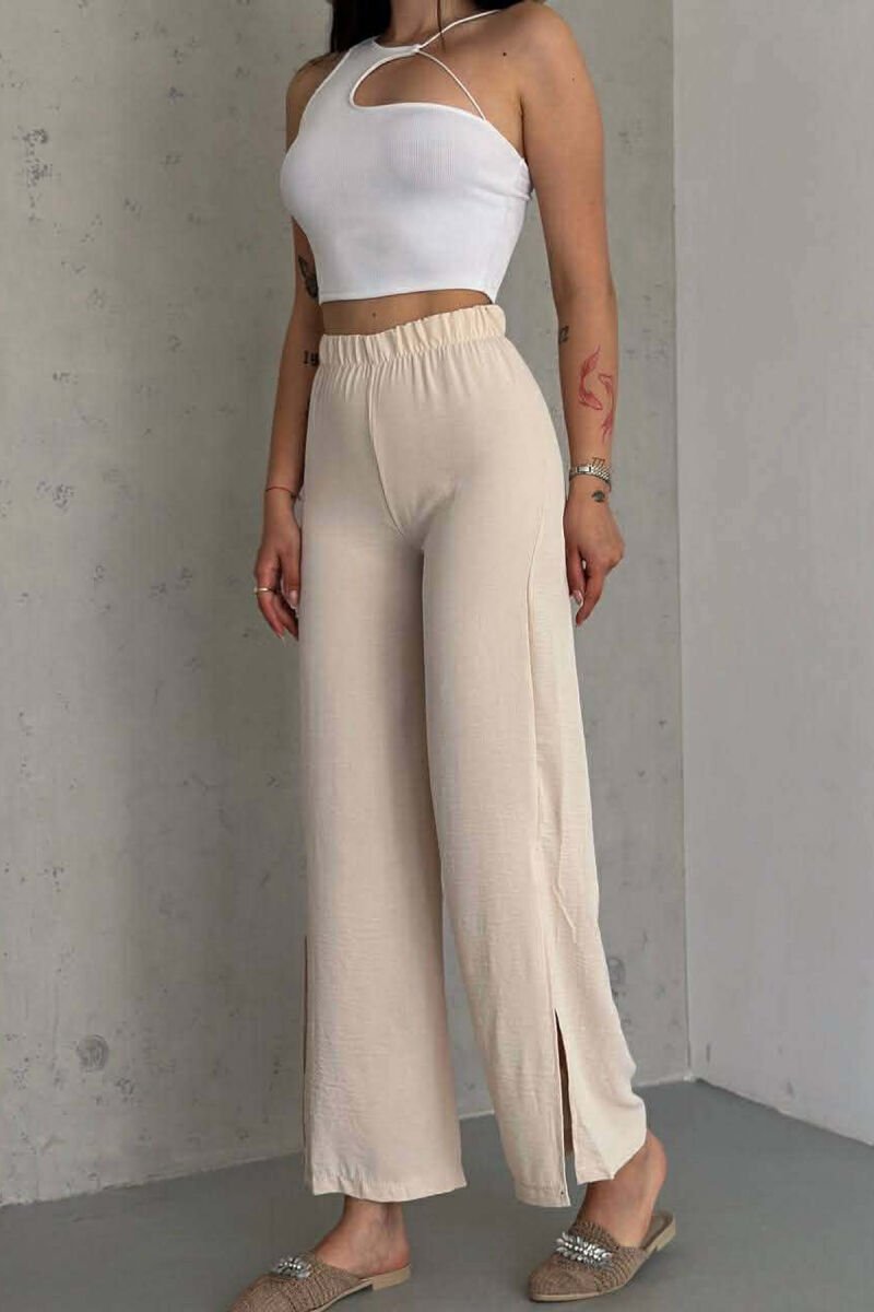 ELASTIC WAIST ONE COLOR WOMEN TROUSERS CREAM/KREM - 2