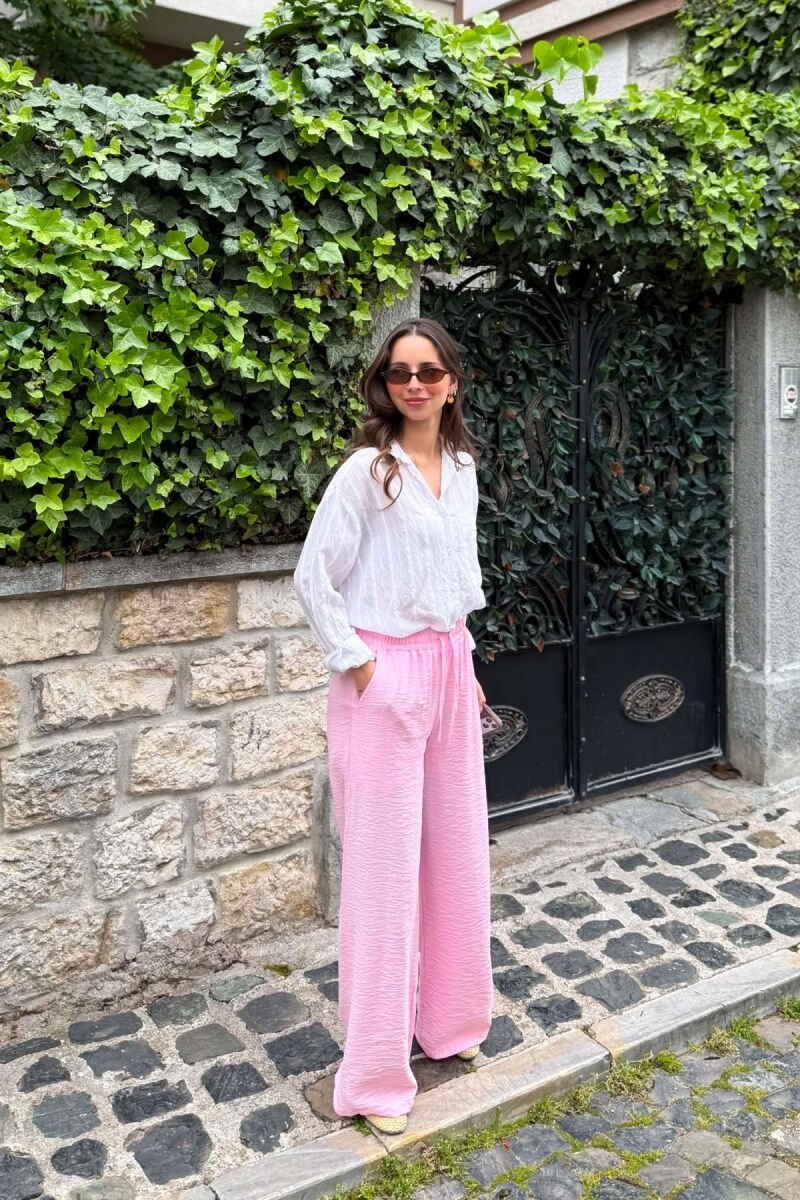 ELASTIC WAIST ONE COLOR WOMEN TROUSERS PINK/ROZE - 1