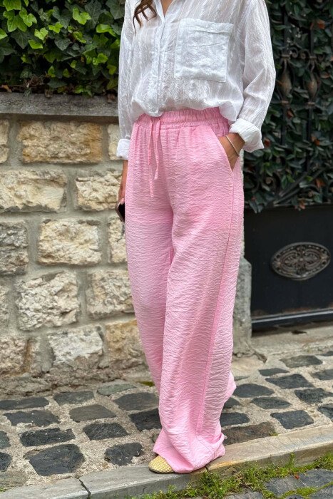 ELASTIC WAIST ONE COLOR WOMEN TROUSERS PINK/ROZE - 4