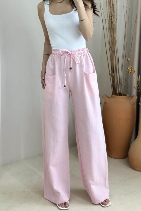 ELASTIC WAIST ONE COLOR WOMEN TROUSERS PINK/ROZE - 4