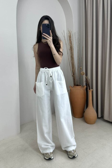 ELASTIC WAIST ONE COLOR WOMEN TROUSERS WHITE-E BARDHE 