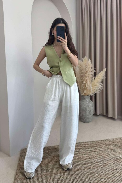 ELASTIC WAIST ONE COLOR WOMEN TROUSERS WHITE-E BARDHE - KLAUDIO FASHION