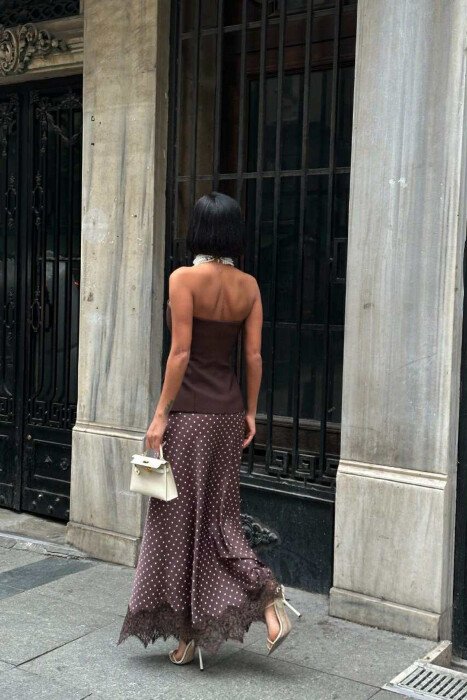 ELASTIC WAIST POLKA DOTS LONG WOMEN SKIRT BROWN/KAFE - 4
