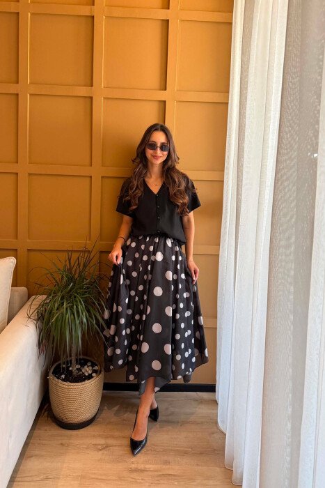 ELASTIC WAIST POLKA DOTS WOMAN SKIRT BLACK/ E ZEZE - KLAUDIO FASHION
