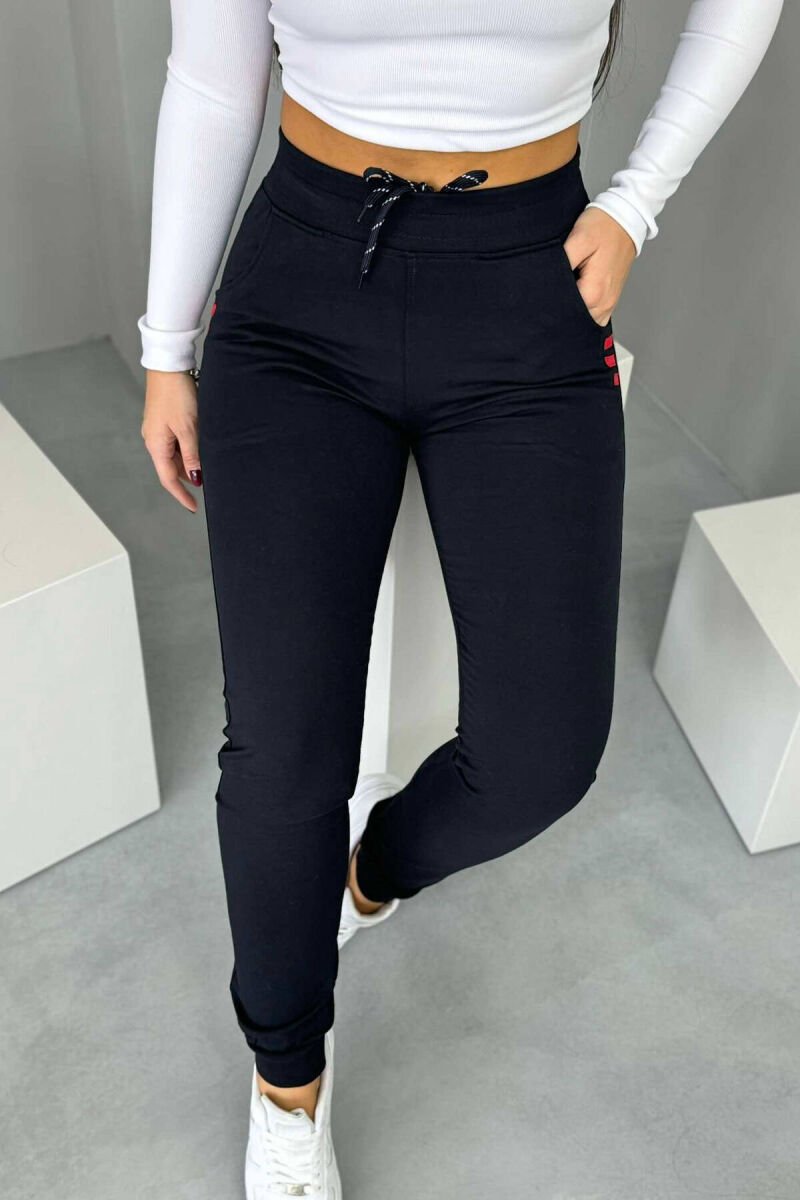ELASTIC WAIST SIMPLE WOMEN SWEATPANTS DARK BLUE+RED/BEE+KU - 1