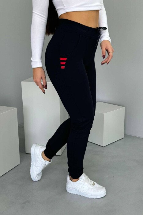 ELASTIC WAIST SIMPLE WOMEN SWEATPANTS DARK BLUE+RED/BEE+KU - 3