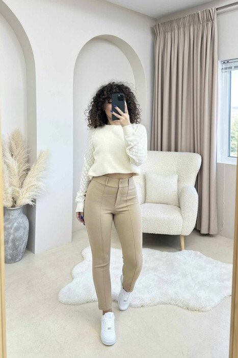ONE COLOR ELASTIC WAIST WOMEN TROUSERS BEIGE/BEZHE 