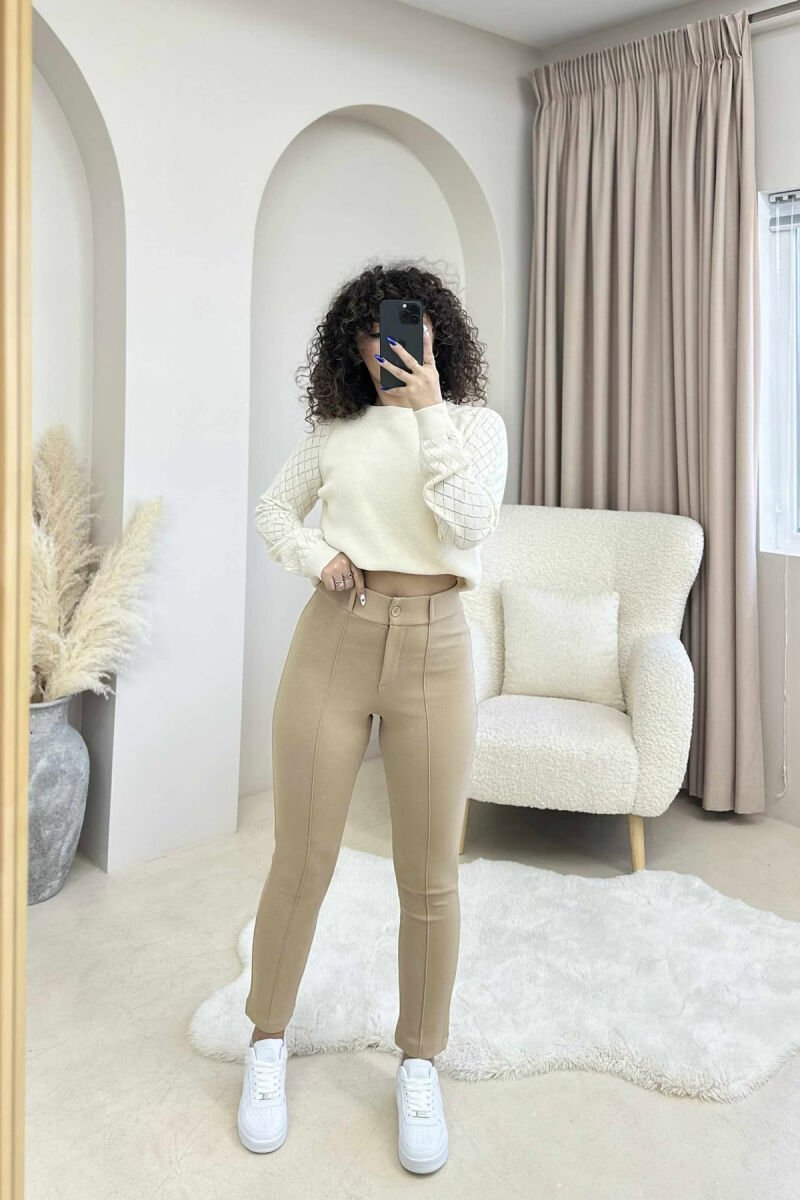 ONE COLOR ELASTIC WAIST WOMEN TROUSERS BEIGE/BEZHE - 3
