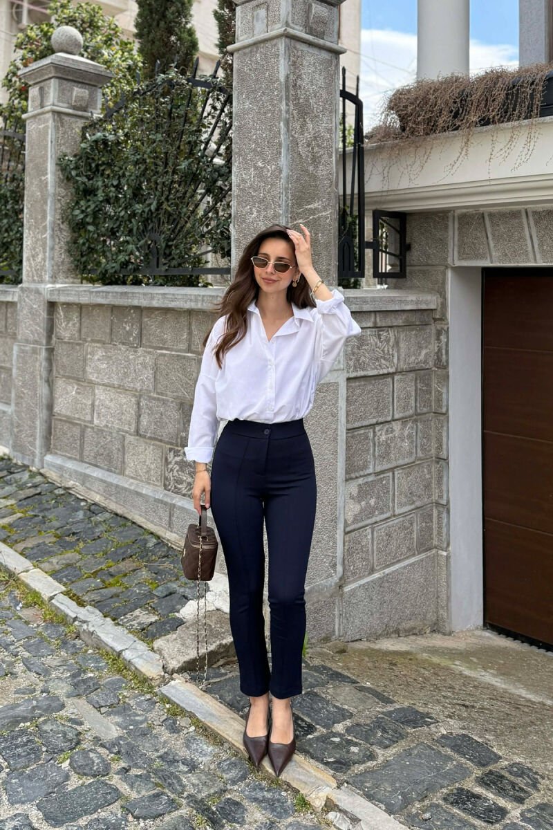 ELASTIC WAIST SIMPLE ONE COLOR WOMEN TROUSERS DARK BLUE/BEE - 1