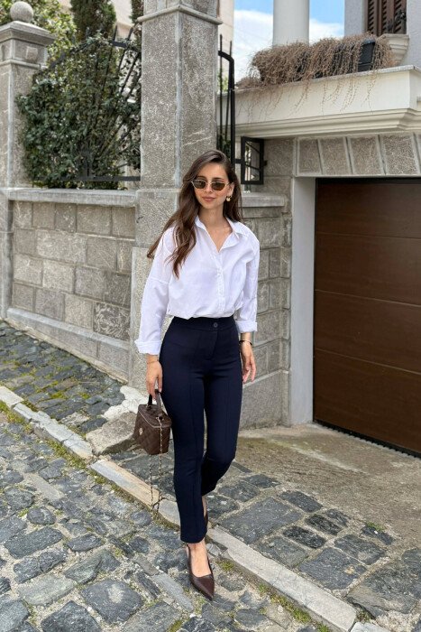 ELASTIC WAIST SIMPLE ONE COLOR WOMEN TROUSERS DARK BLUE/BEE - 3