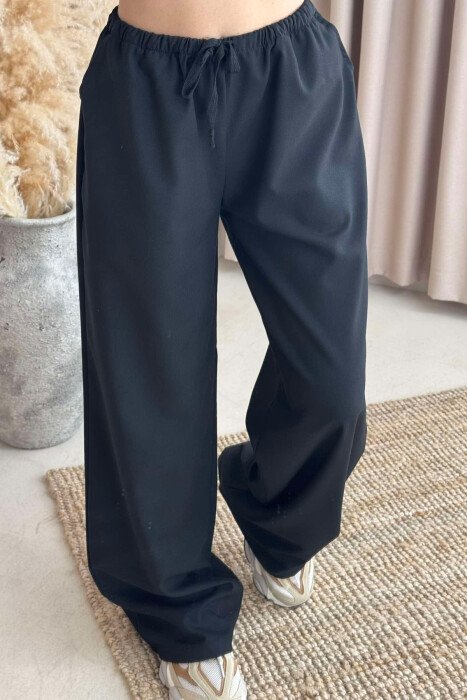 ELASTIC WAIST WIDE LEG ONE COLOR WOMEN TROUSERS BLACK/ E ZEZE - 3