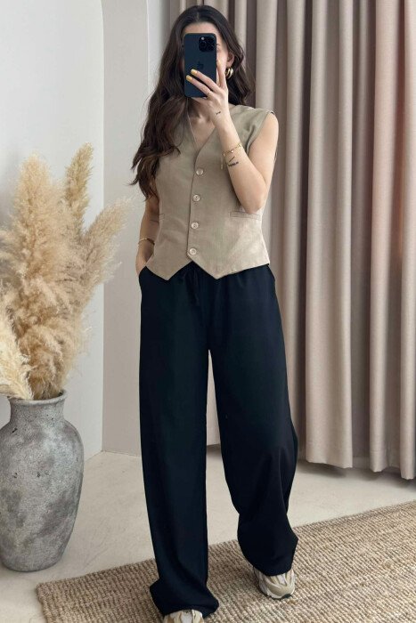PANTALLONA TË GJERA ME BEL ELASTIK PËR FEMRA NË NGJYRËN E ZEZË - KLAUDIO FASHION