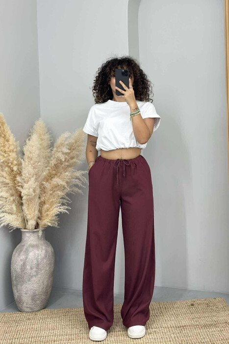 ELASTIC WAIST WIDE LEG ONE COLOR WOMEN TROUSERS BURGUNDY/VISHNJE 