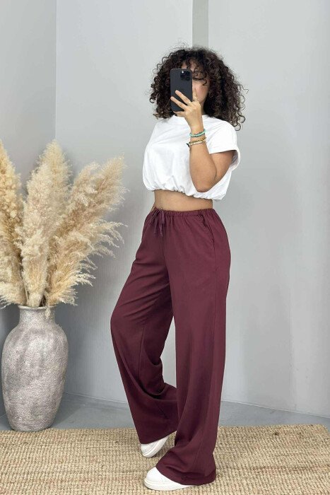 ELASTIC WAIST WIDE LEG ONE COLOR WOMEN TROUSERS BURGUNDY/VISHNJE - 2