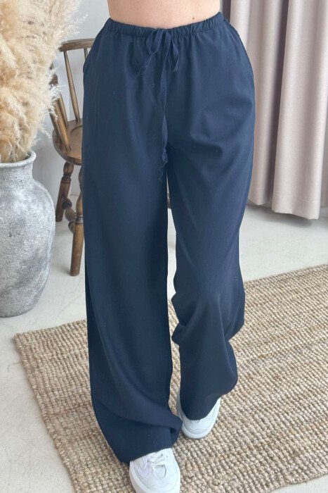 ELASTIC WAIST WIDE LEG ONE COLOR WOMEN TROUSERS DARK BLUE/BEE - 2