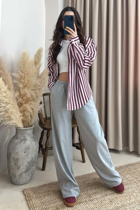 ELASTIC WAIST WIDE LEG ONE COLOR WOMEN TROUSERS LIGHT GREY/GZ - 3