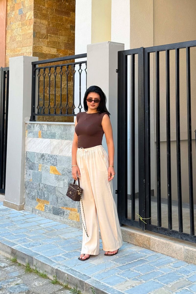 ELASTIC WAIST WIDE LEG WOMAN TROUSERS BEIGE/BEZHE - 1