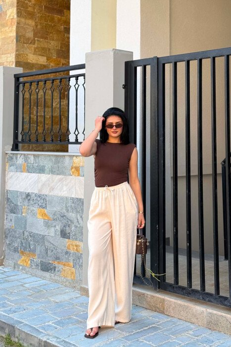 ELASTIC WAIST WIDE LEG WOMAN TROUSERS BEIGE/BEZHE - 3