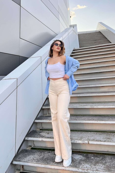 ELASTIC WAIST WIDE LEG WOMEN JEANS CREAM/KREM - 5